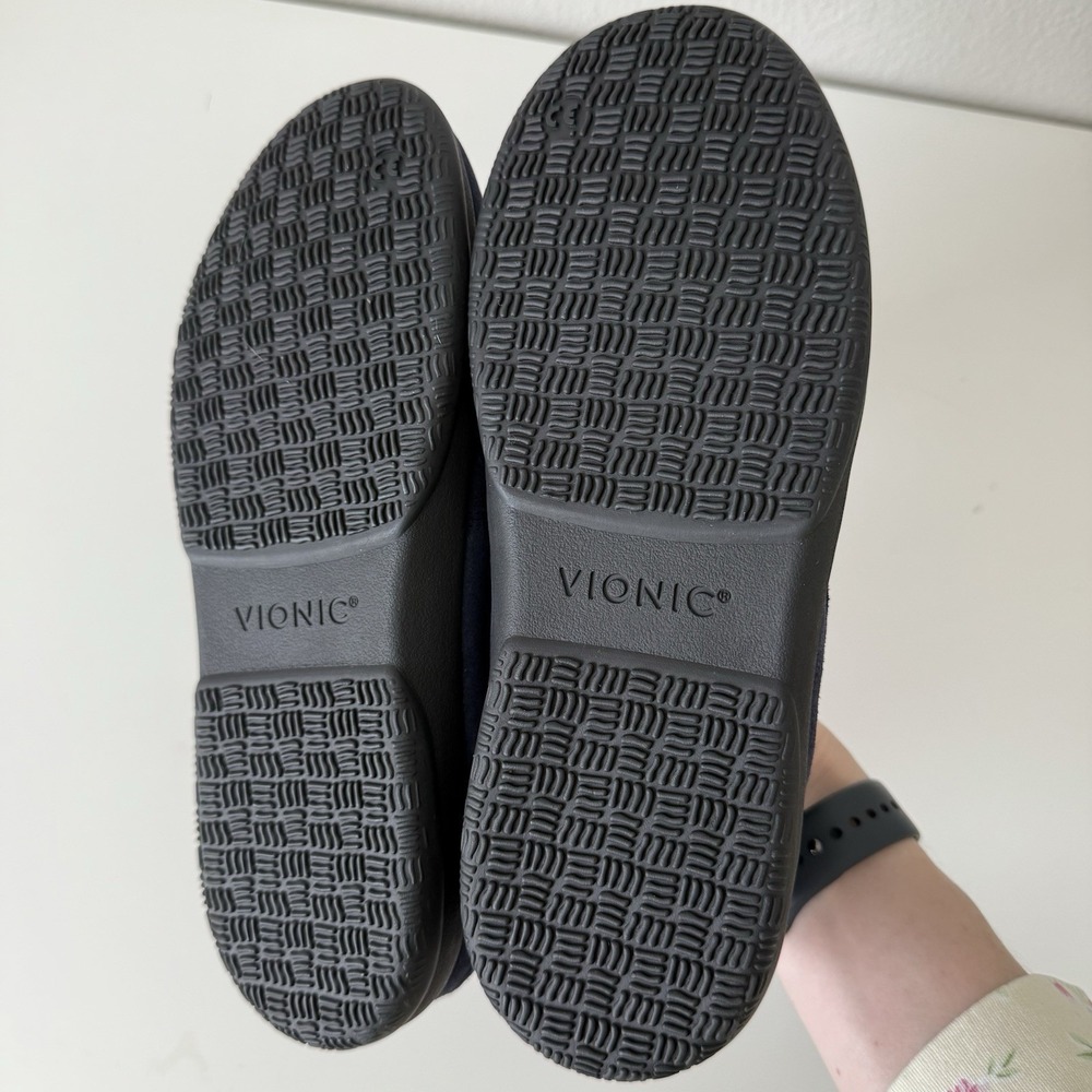 Vionic Lucile Suede Slippers Womens 7 Blue White Shearling Cozy Comfy Winter Bow - Picture 4 of 7